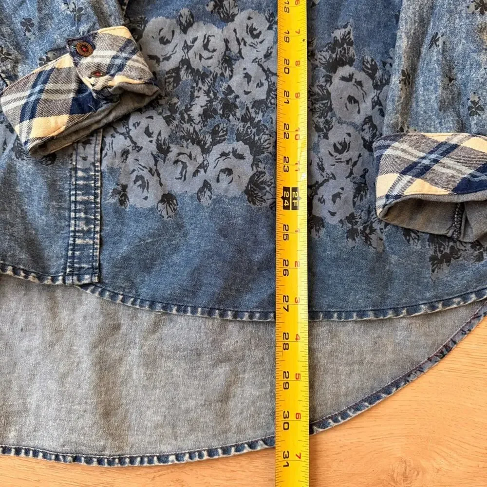 Free People Indigo Floral and plaid western style Button-Up shirt size medium